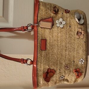 Coach Straw Tote Bag with Pink Trim